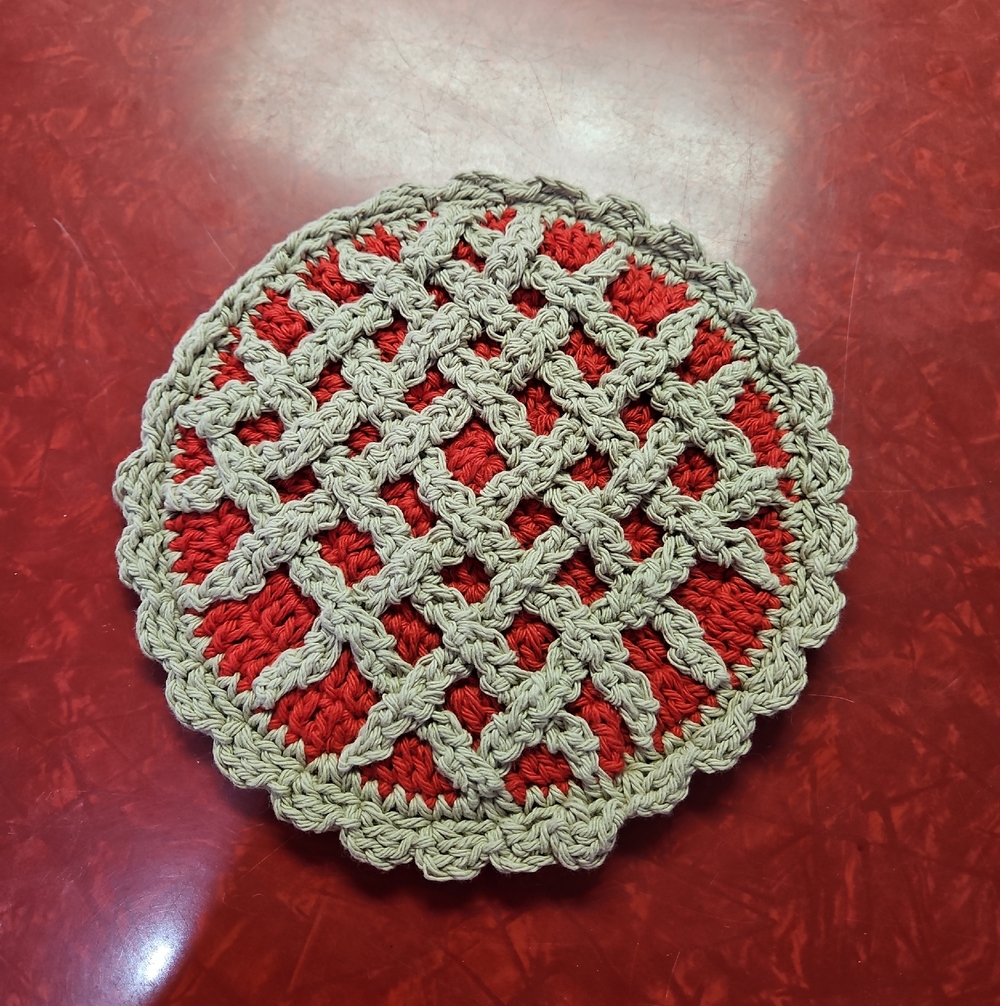 Handcrafted Red and Beige Crochet Pot Holder 8 1/2" Cherry Pie Hot Pad